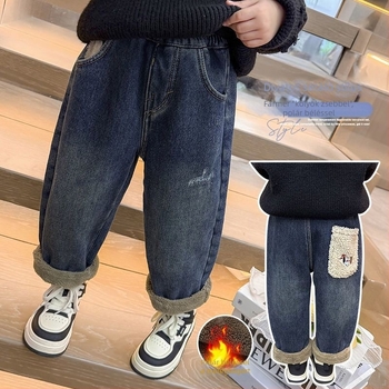Lányoknak készült fleece-béléses farmernadrág, 2025-ös új modell téli