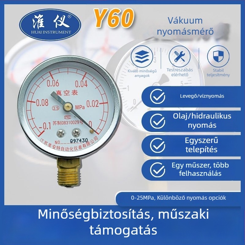 Y-60BF vákuummérő, rozsdamentes acél, tartomány -0,1 és 0 MPa