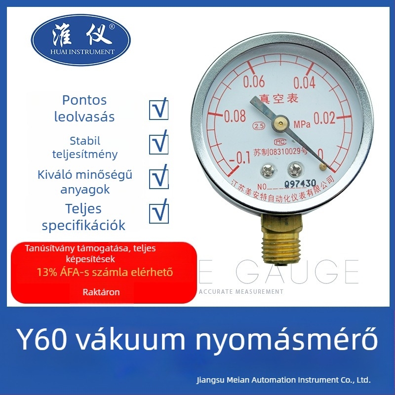 Y-60BF vákuummérő, rozsdamentes acél, tartomány -0,1 és 0 MPa