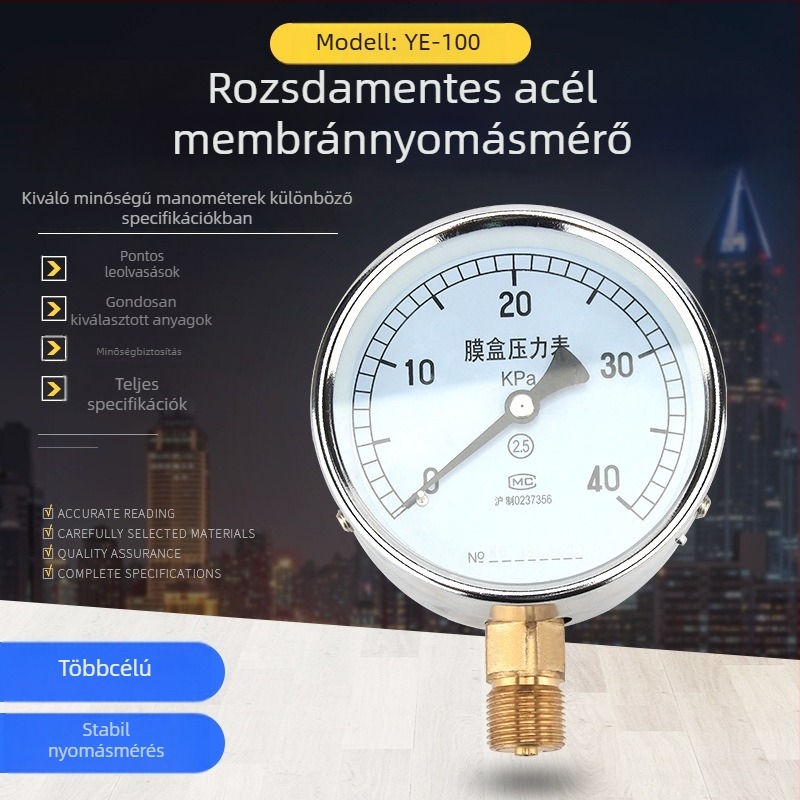 YE-100 bélás nyomásmérő, mikropresions nyomásmérő és vákuum nyomásmérő, több méretben, kPa-ban