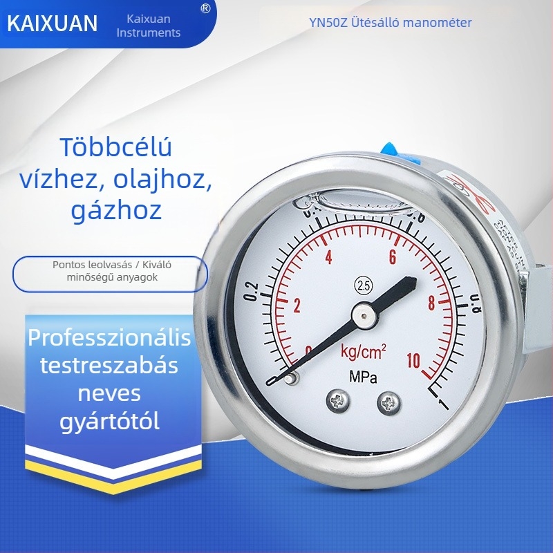 Szeizmikus axiális nyomásmérő YN50ZK, csipesz típusú panelre szerelés kiegészítőkkel, hidraulikus, víz- és levegőnyomás mérésére