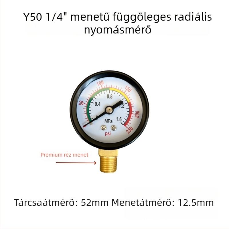 Y40 légkompresszor nyomásmérő, radiális réz menettel, függőleges fej, 0–1.6 MPa (230 psi)