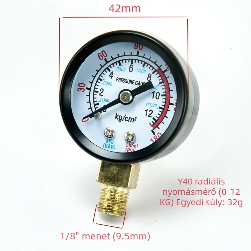 Y40 légkompresszor nyomásmérő, radiális réz menettel, függőleges fej, 0–1.6 MPa (230 psi)