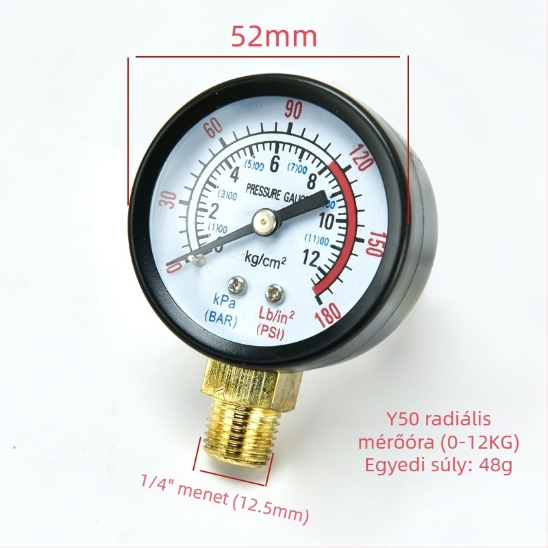 Y40 légkompresszor nyomásmérő, radiális réz menettel, függőleges fej, 0–1.6 MPa (230 psi)