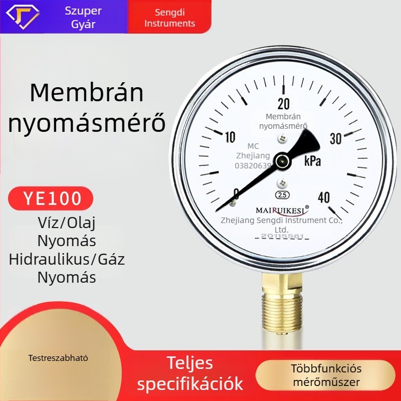 YE100 égőhöz membránnyomásmérő átlátszó gyanta burkolattal, pontosság 2.5, M20×1.5 csatlakozás, 100 mm-es skála, -100…100 kPa