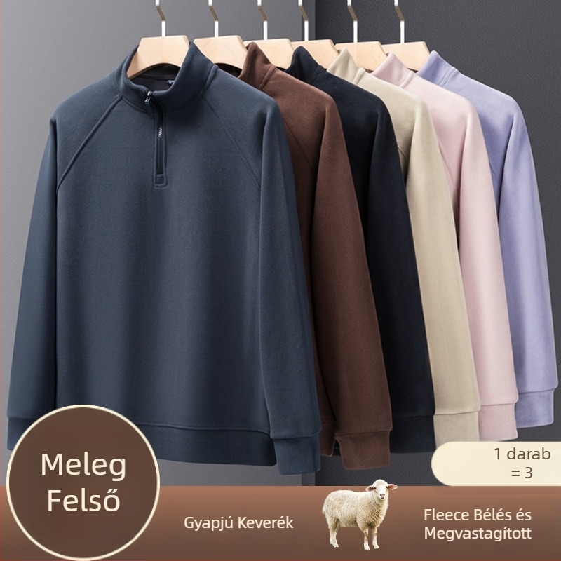 Férfi vastag fleece fél-zip álló gallérral, téli meleg pulóver