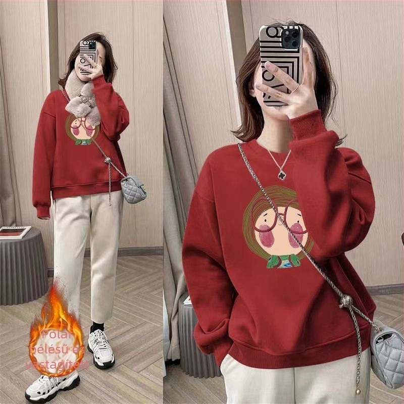 Új női fleece-béléses pulóver, vastagított, oversize szabású, kerek nyakú, tavasz–őszi–téli viseletre
