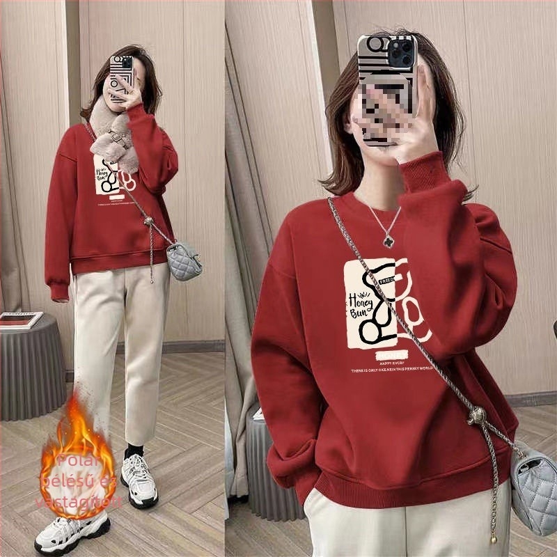 Új női fleece-béléses pulóver, vastagított, oversize szabású, kerek nyakú, tavasz–őszi–téli viseletre
