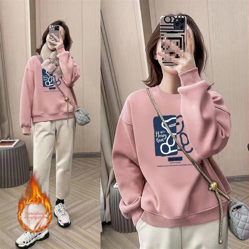 Új női fleece-béléses pulóver, vastagított, oversize szabású, kerek nyakú, tavasz–őszi–téli viseletre