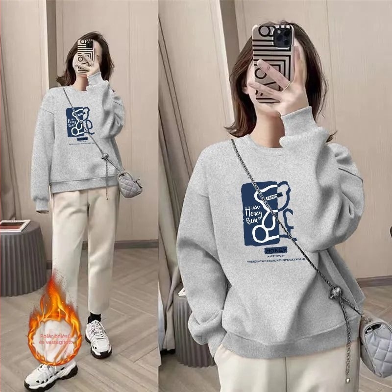 Új női fleece-béléses pulóver, vastagított, oversize szabású, kerek nyakú, tavasz–őszi–téli viseletre
