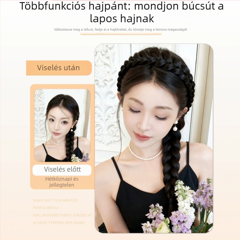 Mágneses halcsont fonat hajpánt integrált parókával, hosszú fonott hajkiegészítő, influencer-stílusú copf, magas koronás fejfedő
