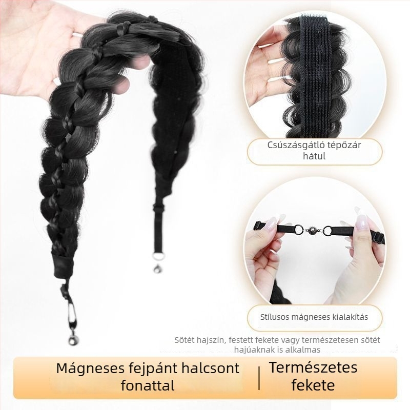 Mágneses halcsont fonat hajpánt integrált parókával, hosszú fonott hajkiegészítő, influencer-stílusú copf, magas koronás fejfedő