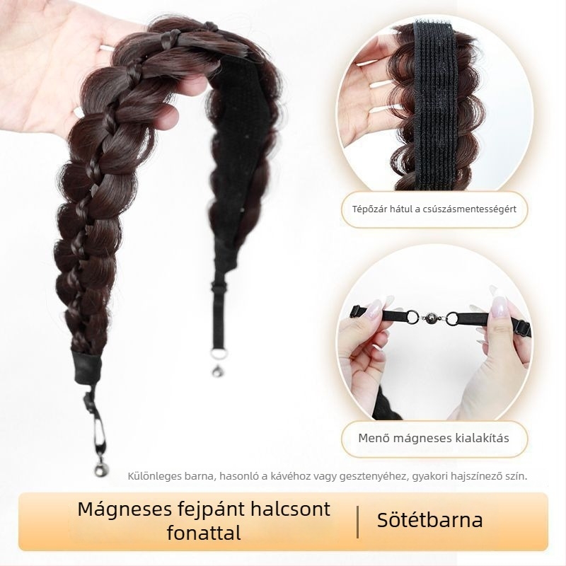 Mágneses halcsont fonat hajpánt integrált parókával, hosszú fonott hajkiegészítő, influencer-stílusú copf, magas koronás fejfedő
