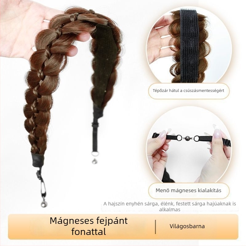 Mágneses halcsont fonat hajpánt integrált parókával, hosszú fonott hajkiegészítő, influencer-stílusú copf, magas koronás fejfedő