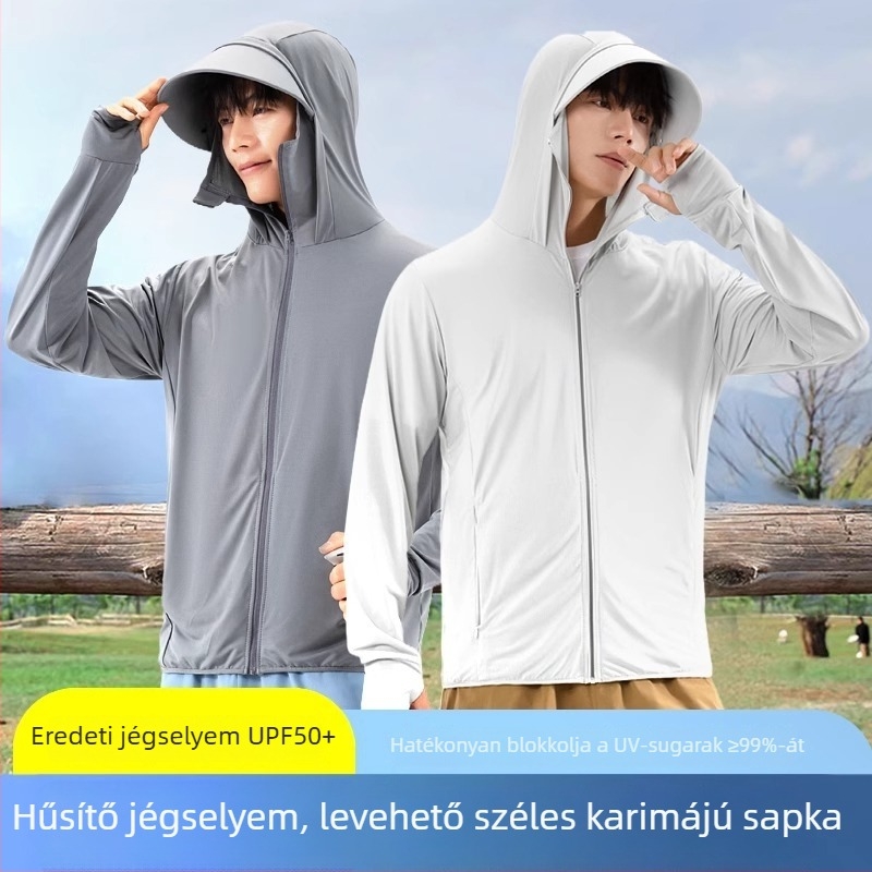 Férfi napvédő kapucnis kabát levágható szegéllyel, könnyű, légáteresztő Ice Silk anyagú UV-védelem szabadtéri horgászathoz