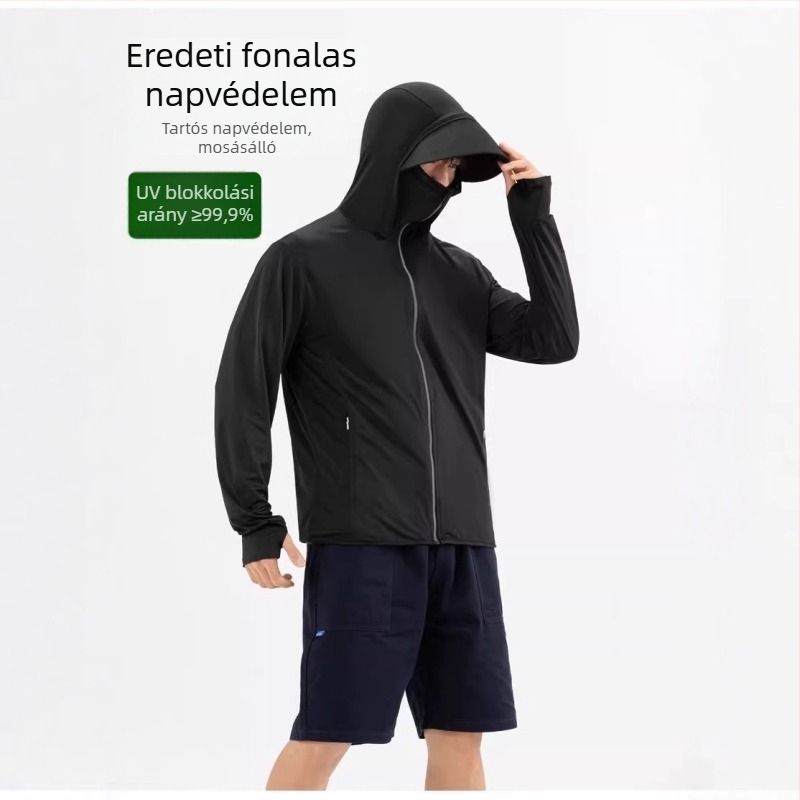 Férfi napvédő kapucnis kabát levágható szegéllyel, könnyű, légáteresztő Ice Silk anyagú UV-védelem szabadtéri horgászathoz