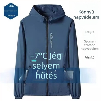 Férfi Ice Silk napvédő kabát, vékony, lélegző, kapucnival, oldalzsebekkel