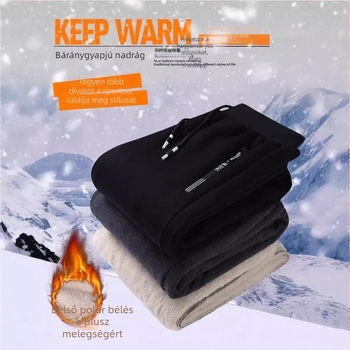 Fleece-béléses, vastag, lazán szabott férfi sportnadrág, plusz méret, őszi–téli, hosszú