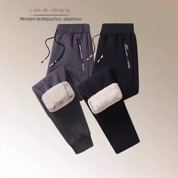 Fleece-béléses, vastag, lazán szabott férfi sportnadrág, plusz méret, őszi–téli, hosszú