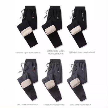 Fleece-béléses, vastag, lazán szabott férfi sportnadrág, plusz méret, őszi–téli, hosszú