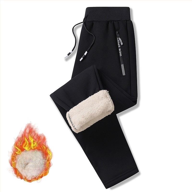 Fleece-béléses, vastag, lazán szabott férfi sportnadrág, plusz méret, őszi–téli, hosszú