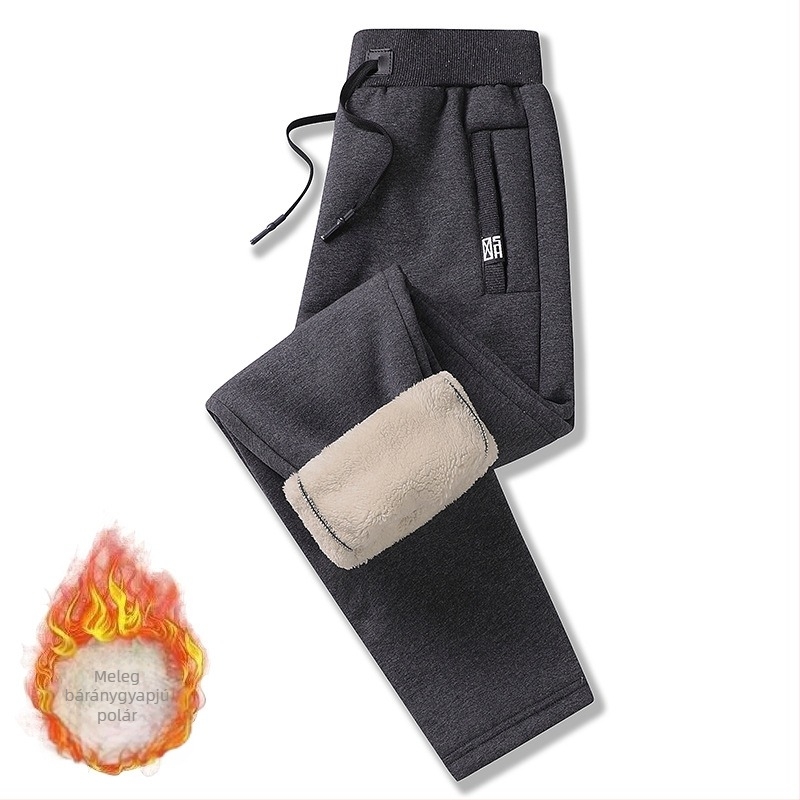 Fleece-béléses, vastag, lazán szabott férfi sportnadrág, plusz méret, őszi–téli, hosszú