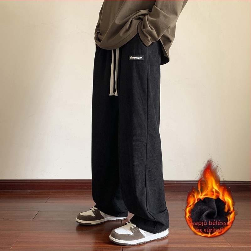 Corduroy férfi széles szárú fleece-béléssel sportos nadrág – mindennapi viselet
