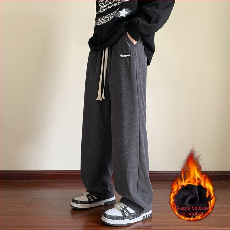 Corduroy férfi széles szárú fleece-béléssel sportos nadrág – mindennapi viselet