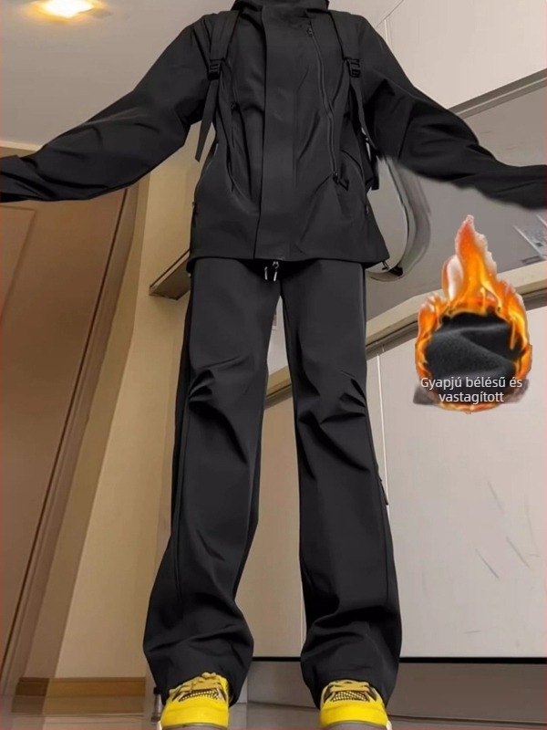 Férfi softshell vízálló nadrág fleece-belsővel, ősz-tél, karcsú egyenes szabás, szélálló és meleg, szabadtéri mindennapi viselet