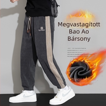 Fleece-béléssel ellátott vastag corduroy munkásnadrág, elasztikus derékvonal és húzózsinórral, plusz méret, tartós munkához őszre és télre