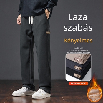 Férfi téli khaki jogger nadrág, fleece-bevonattal, casual, egyenes szabású