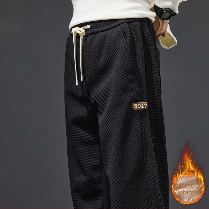 Férfi téli khaki jogger nadrág, fleece-bevonattal, casual, egyenes szabású