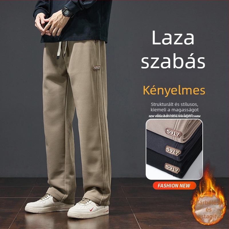 Férfi téli khaki jogger nadrág, fleece-bevonattal, casual, egyenes szabású