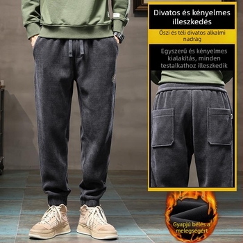Férfi corduroy nadrág fleece béléssel – meleg őszi-téli sportos, hímzett, casual stílus