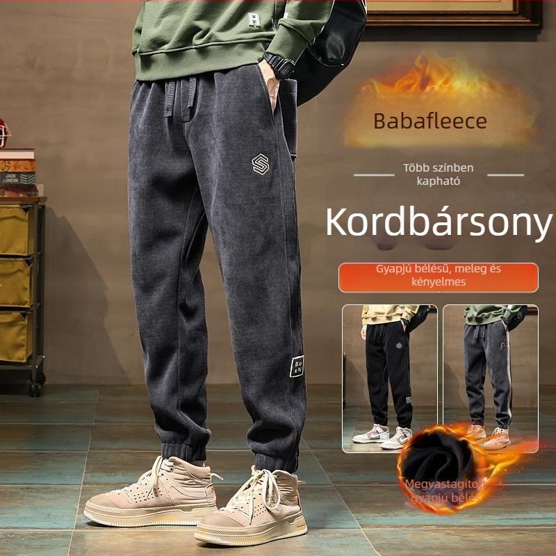 Férfi corduroy nadrág fleece béléssel – meleg őszi-téli sportos, hímzett, casual stílus
