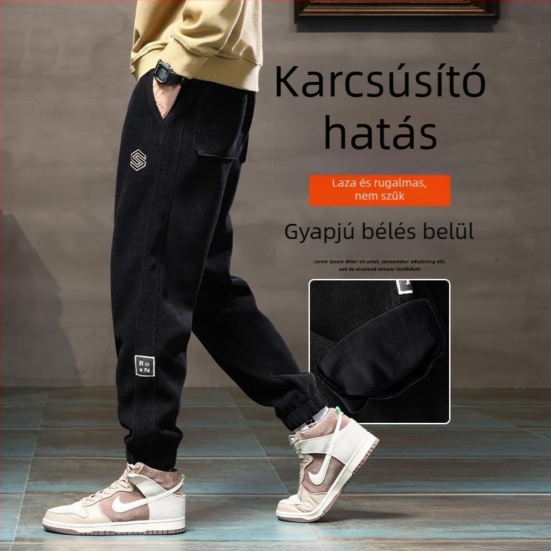 Férfi corduroy nadrág fleece béléssel – meleg őszi-téli sportos, hímzett, casual stílus