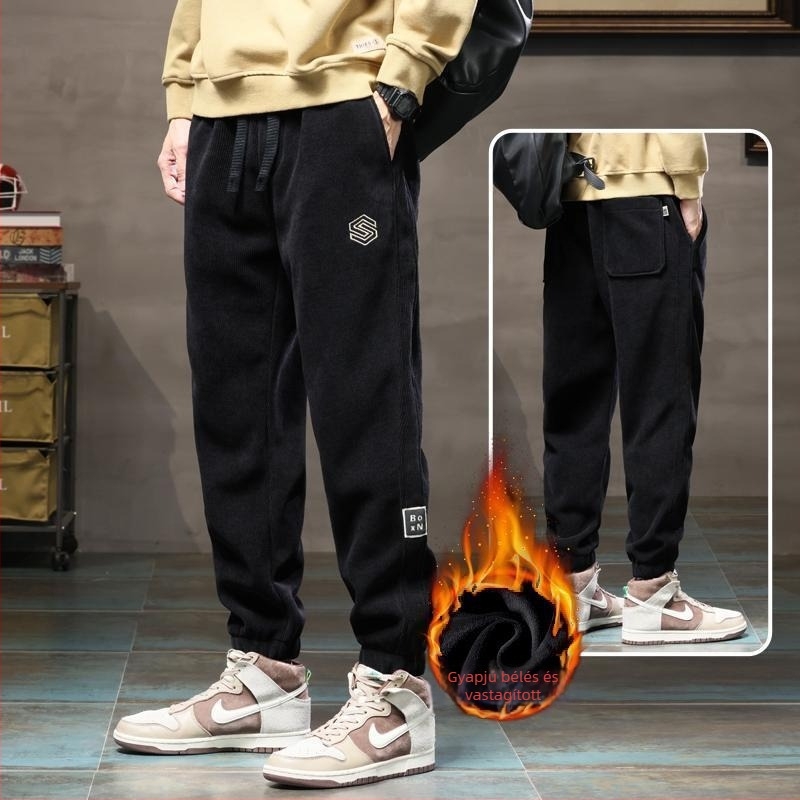 Férfi corduroy nadrág fleece béléssel – meleg őszi-téli sportos, hímzett, casual stílus
