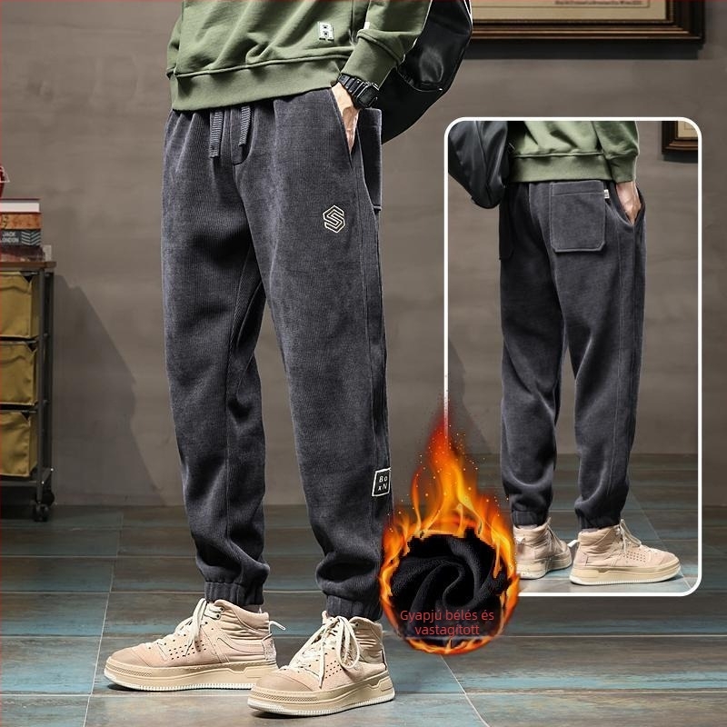 Férfi corduroy nadrág fleece béléssel – meleg őszi-téli sportos, hímzett, casual stílus