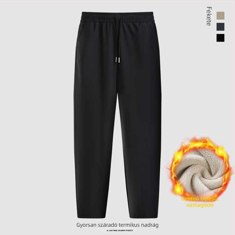 Téli férfi casual nadrág fleece bélésével, szélálló és meleg, lazán szabott egyenes szárú, derekán zsinórral