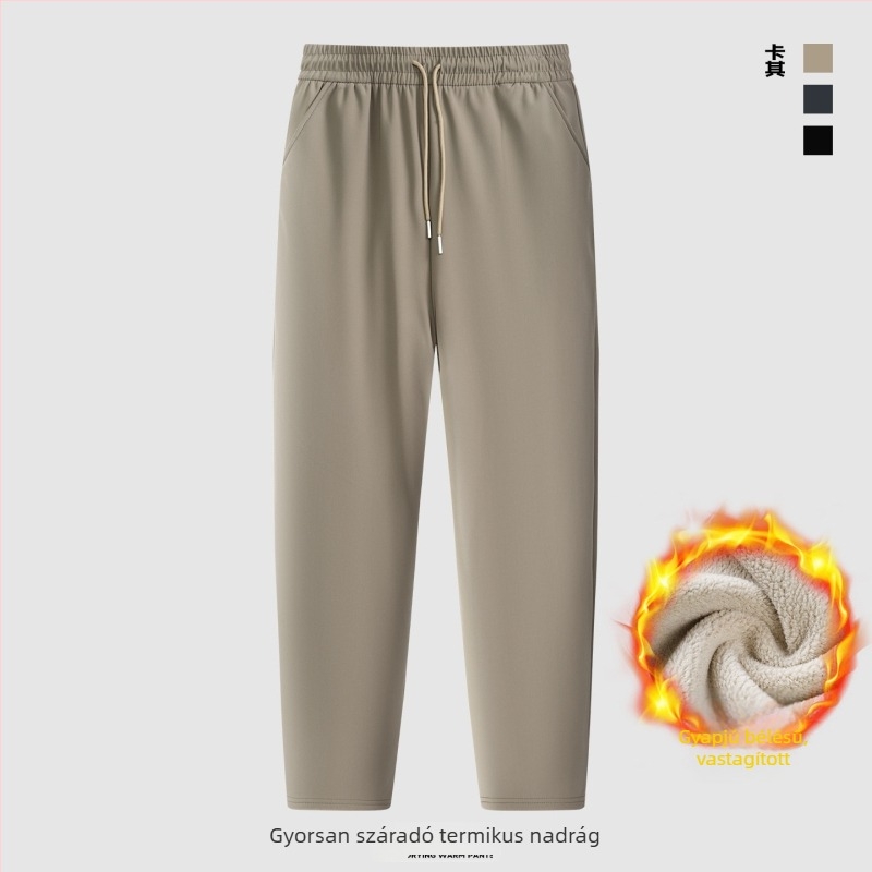 Téli férfi casual nadrág fleece bélésével, szélálló és meleg, lazán szabott egyenes szárú, derekán zsinórral