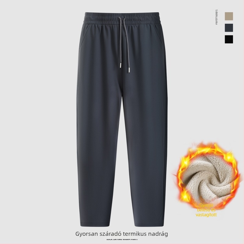 Téli férfi casual nadrág fleece bélésével, szélálló és meleg, lazán szabott egyenes szárú, derekán zsinórral