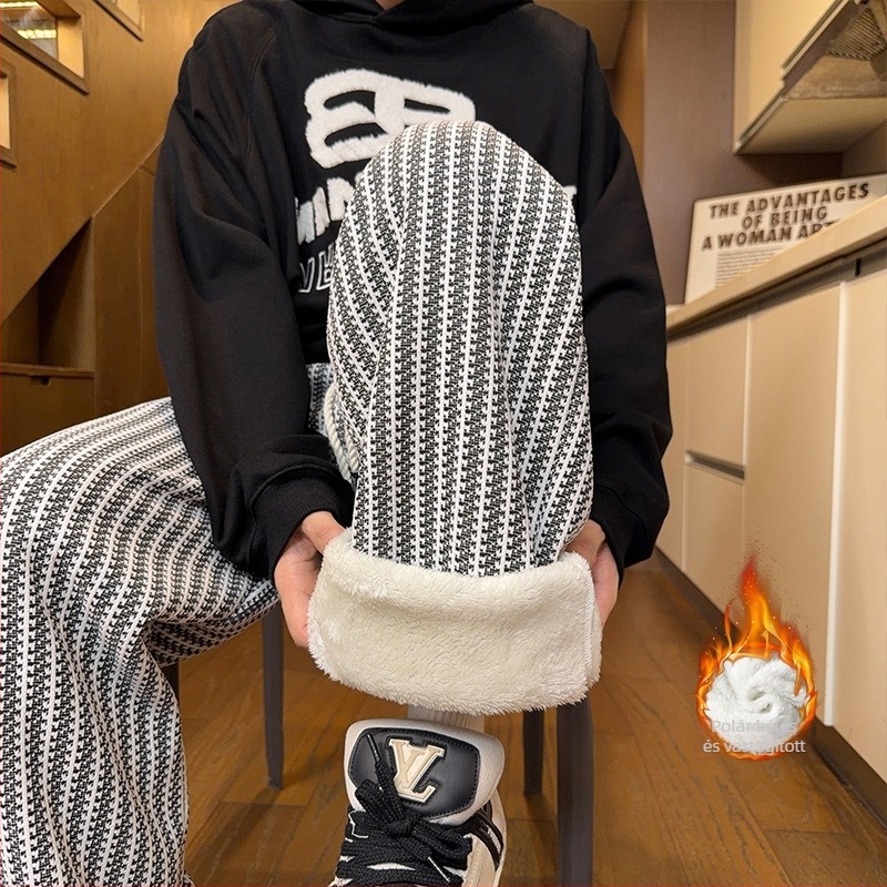 Férfiaknak készült halcsont mintás Chanel-stílusú nadrág fleece-béléssel, vast kötött téli tréningnadrág, szabad egyenes szabásban