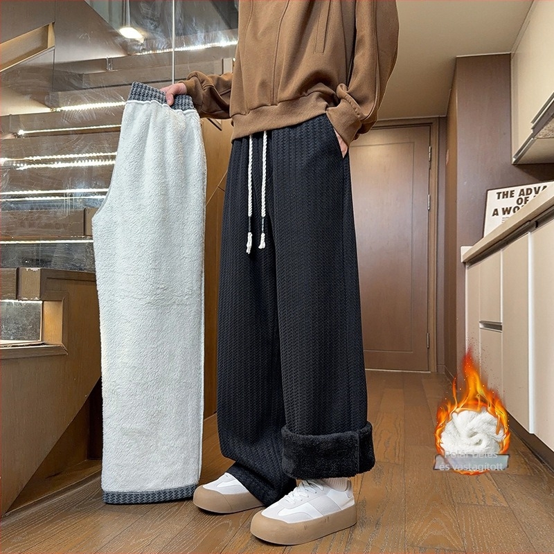 Férfiaknak készült halcsont mintás Chanel-stílusú nadrág fleece-béléssel, vast kötött téli tréningnadrág, szabad egyenes szabásban