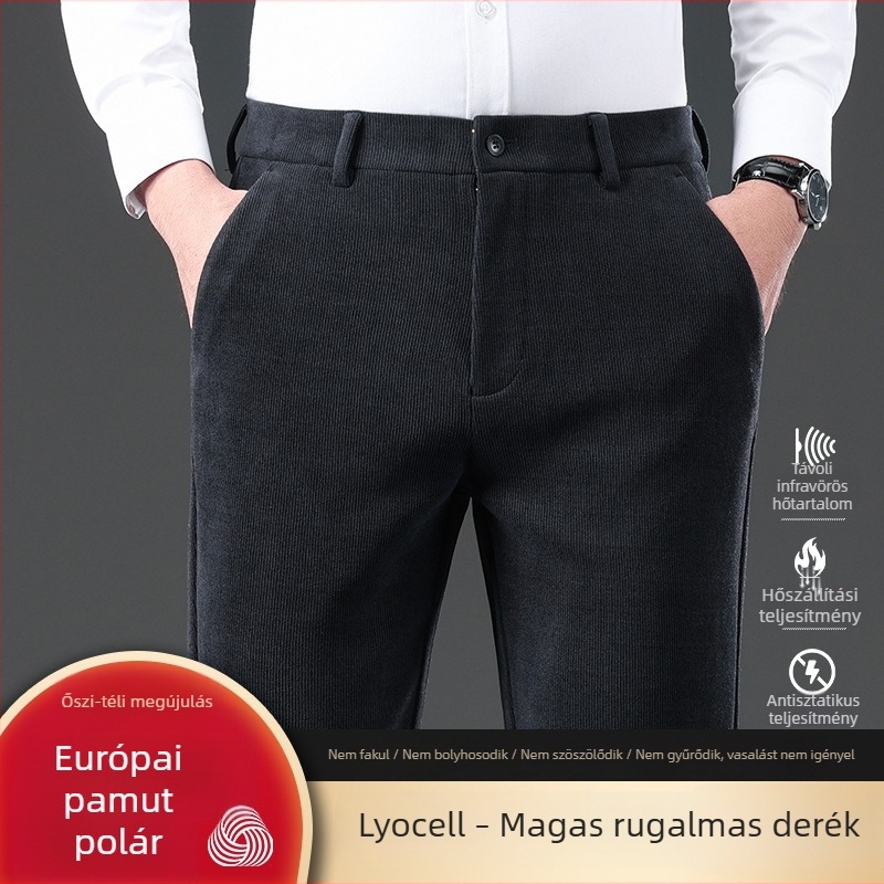 Corduroy gyapjú férfi casual nadrág ősz-télre, vastag, egyenes szárú, üzleti casual stílus
