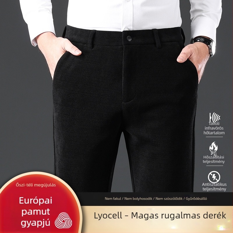 Corduroy gyapjú férfi casual nadrág ősz-télre, vastag, egyenes szárú, üzleti casual stílus