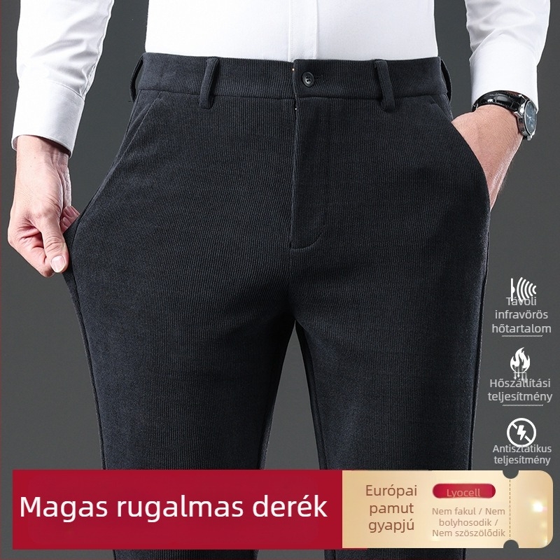 Corduroy gyapjú férfi casual nadrág ősz-télre, vastag, egyenes szárú, üzleti casual stílus