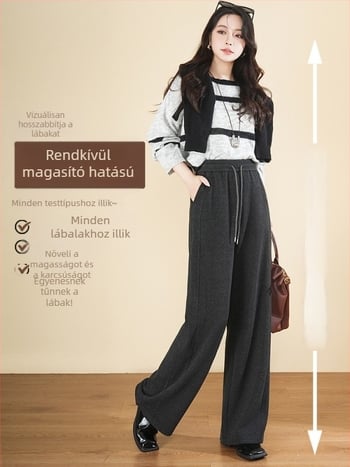 Női magas derekú, fleece-bélelt széles lábú nadrág, hosszú, elegáns megjelenésű őszi-téli szezonra