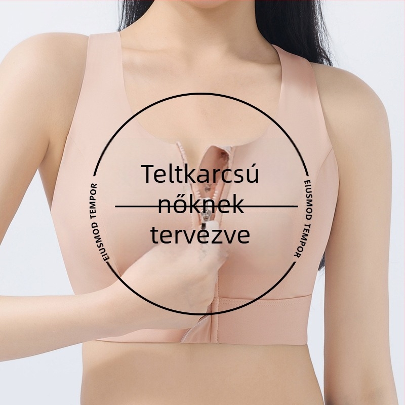 Elöl cipzáras, magas tartású sportmelltartó, ütéscsillapító, hátformázó, drót nélküli, plusz méret