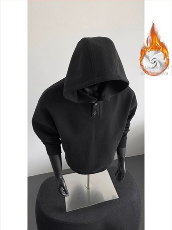 Férfiaknak készült vastag fleece-bevonatú kapucnis dzseki gombos záródással, amerikai stílusú lazán szabott, téli viselet