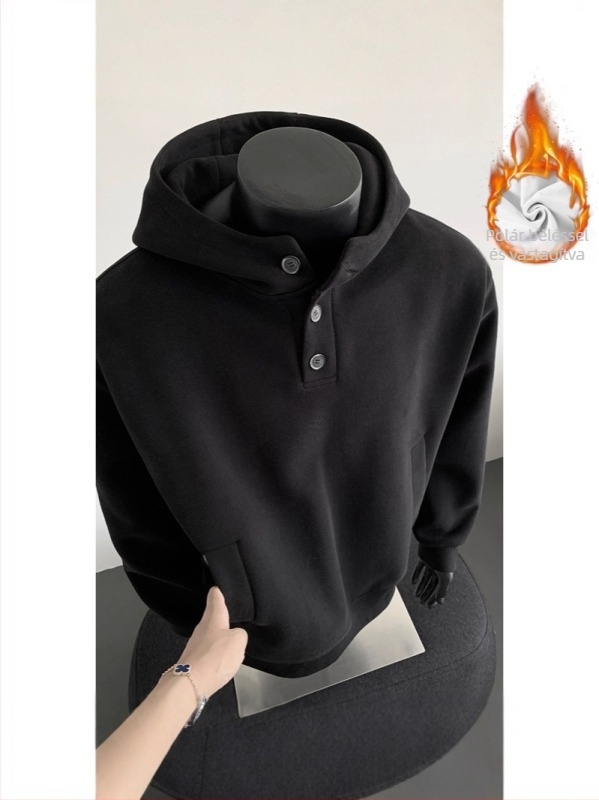 Férfiaknak készült vastag fleece-bevonatú kapucnis dzseki gombos záródással, amerikai stílusú lazán szabott, téli viselet